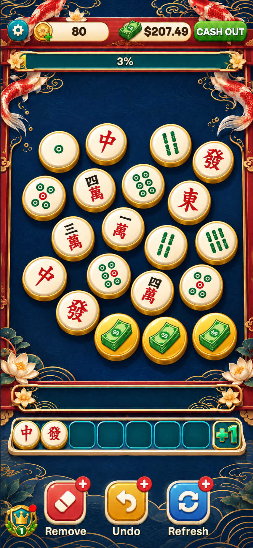 Koi Jackpot mahjong triple-match board with a seven-slot tray