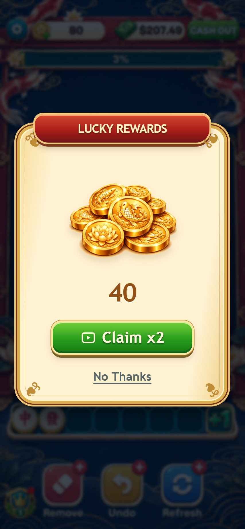 Koi Jackpot optional coin reward interface