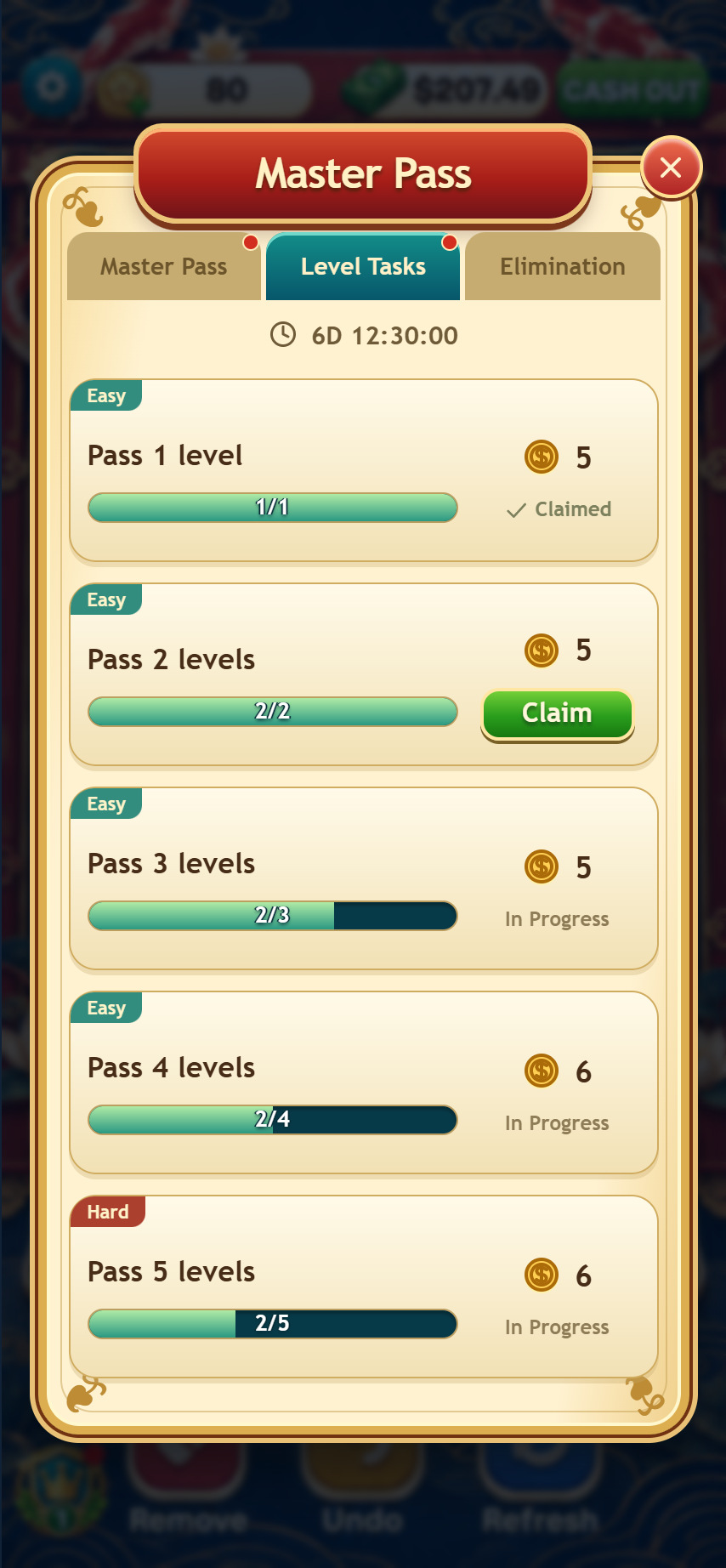 Koi Jackpot Master Pass level tasks interface